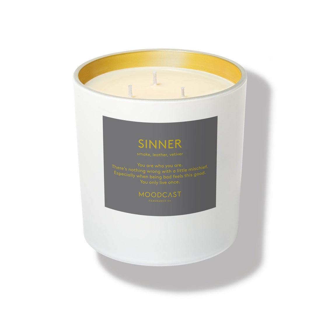 Sinner - Persona Collection (White & Gold) - 24oz/680g Coconut Wax Blend Glass Jar 3-Wick Candle - Key Notes: Smoke, Leather, Vetiver