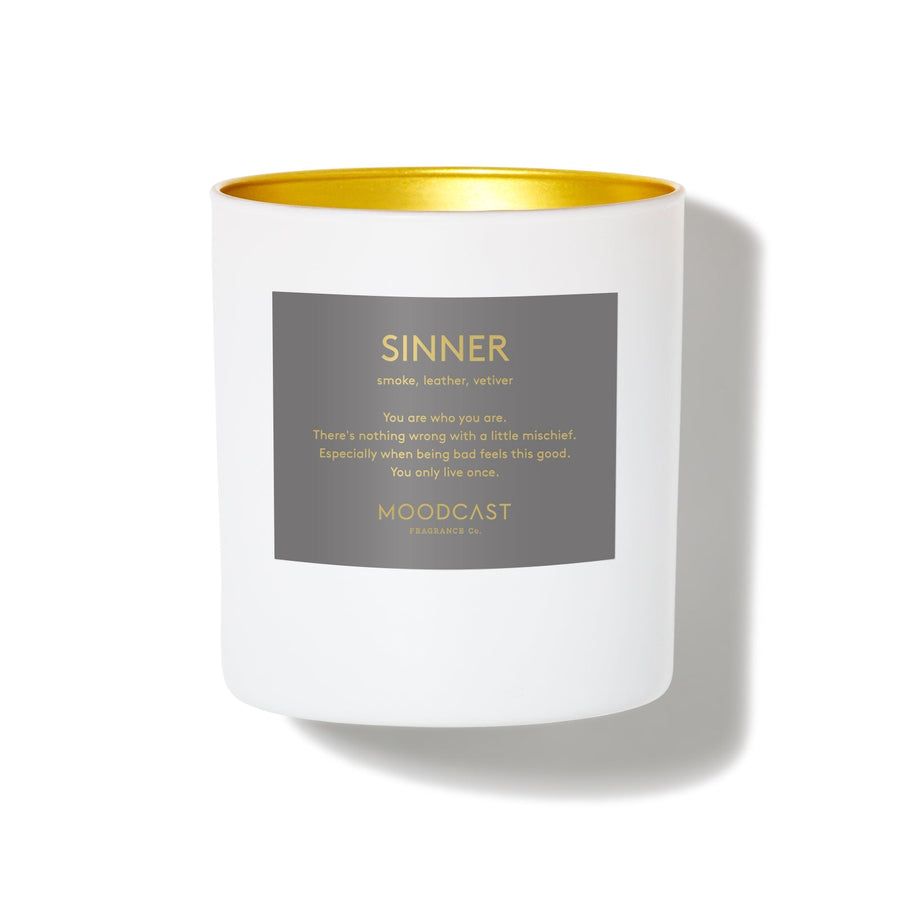 Sinner - Persona Collection (White & Gold) - 8oz/227g Coconut Wax Blend Glass Jar Candle - Key Notes: Smoke, Leather, Vetiver