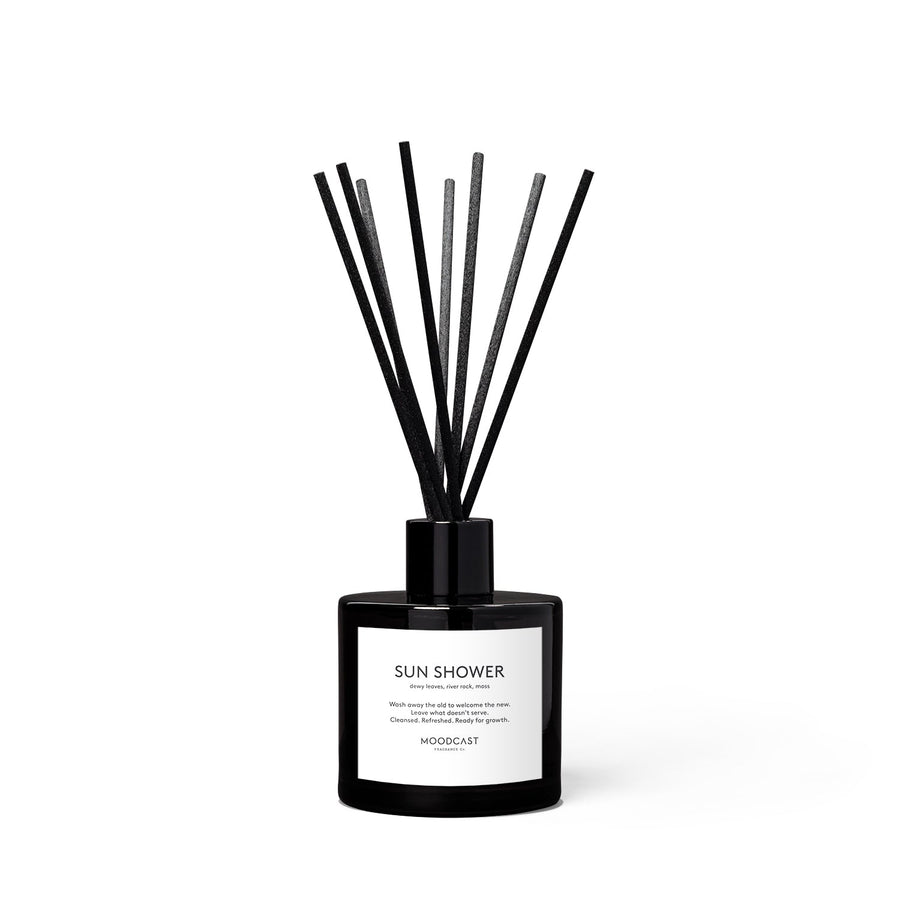 Sun Shower - Night & Day Collection (Black & White) - 3.4fl oz/100ml Glass Reed Diffuser - Key Notes: Dewy Leaves, River Rock, Moss