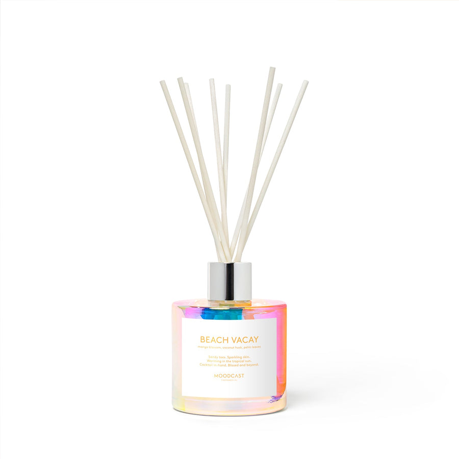 Beach Vacay - Vibes Collection (Iridescent) - 3.4fl oz/100ml Glass Reed Diffuser - Key Notes: Mango Blossom, Coconut Husk, Palm Leaves